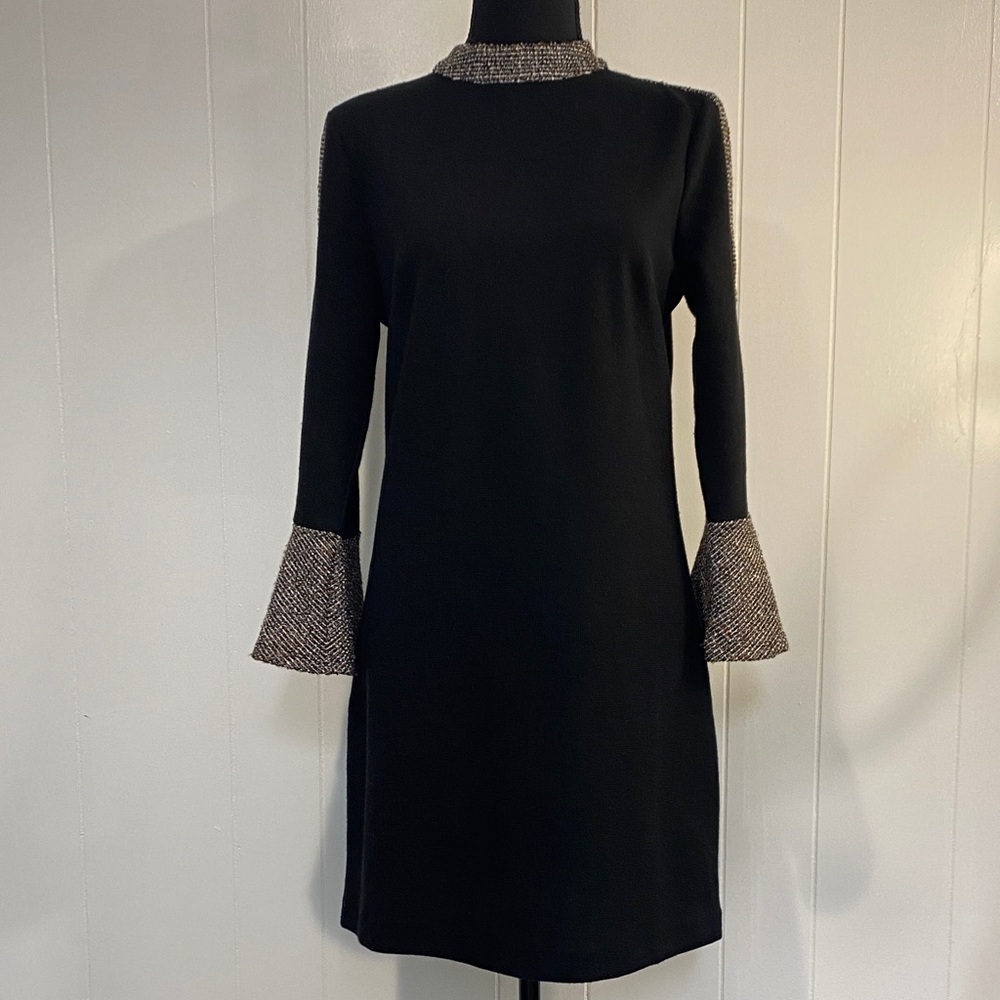 Black Mod Dress Long-Sleeve Shift Modern Work Office Tweed and Faux Suede Trim